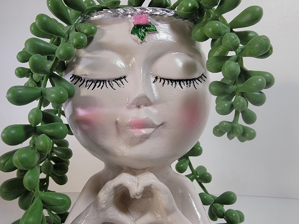 Cute Lady Face Planter Pots holding Heart Hands, indoor and outdoor decor with water drainage hole - Avenue Treasures